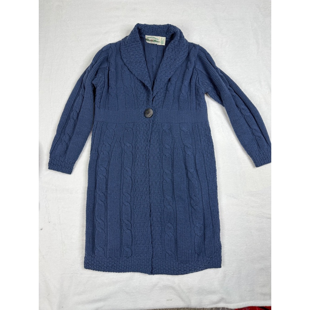 Aran Crafts Ireland Blue 100% Merino Wool Cable Knit Long Cardigan Sweater XS